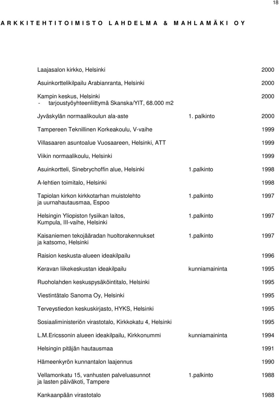 palkinto 2000 Tampereen Teknillinen Korkeakoulu, V-vaihe 1999 Villasaaren asuntoalue Vuosaareen, Helsinki, ATT 1999 Viikin normaalikoulu, Helsinki 1999 Asuinkortteli, Sinebrychoffin alue, Helsinki 1.
