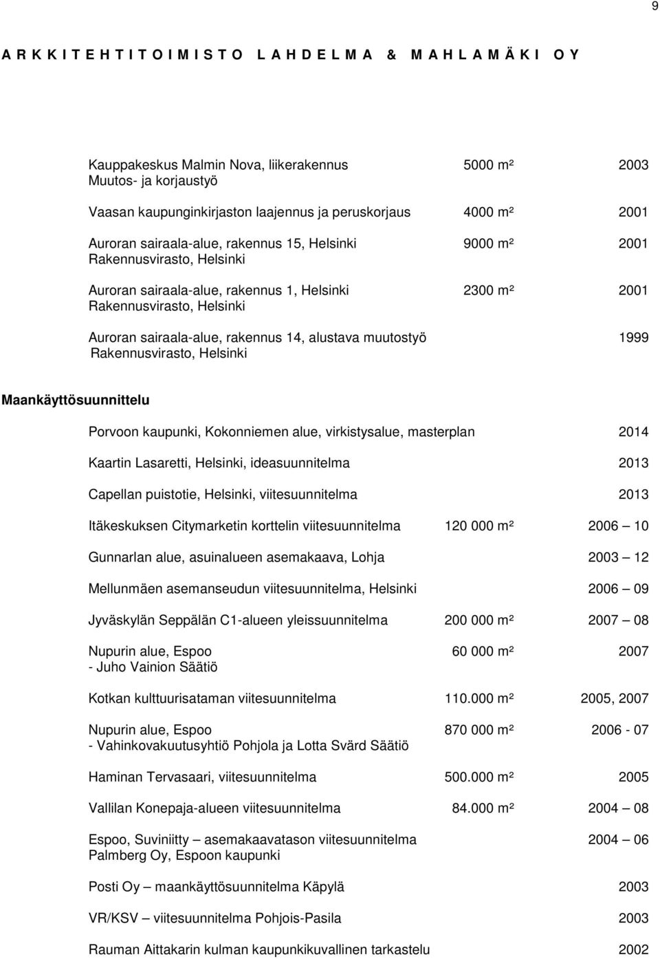 Maankäyttösuunnittelu Porvoon kaupunki, Kokonniemen alue, virkistysalue, masterplan 2014 Kaartin Lasaretti, Helsinki, ideasuunnitelma 2013 Capellan puistotie, Helsinki, viitesuunnitelma 2013