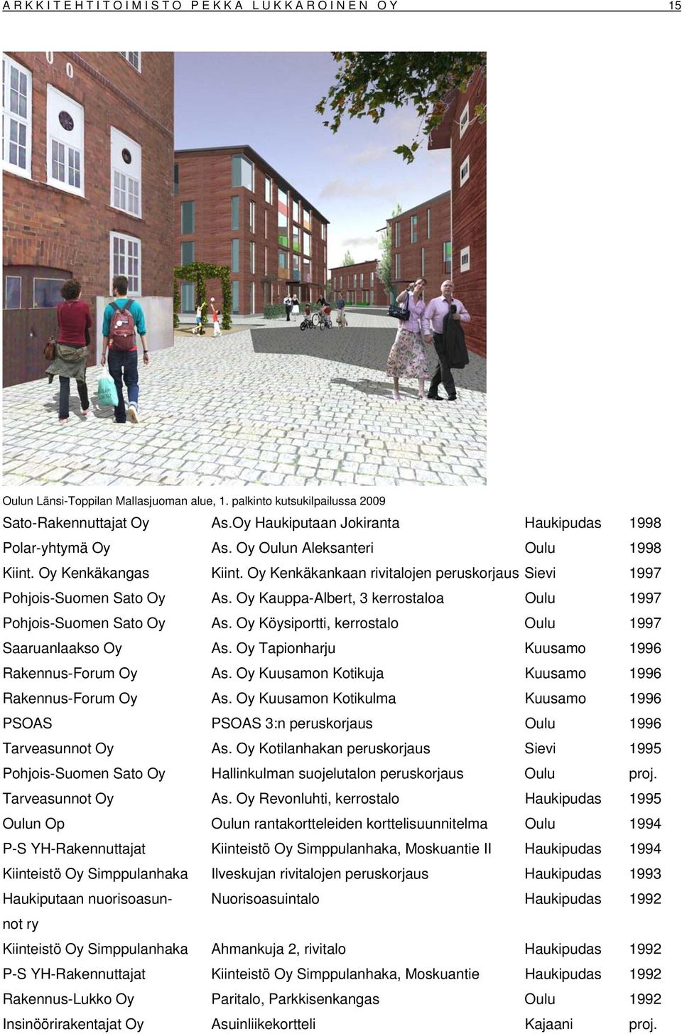 Oy Kauppa-Albert, 3 kerrostaloa Oulu 1997 Pohjois-Suomen Sato Oy As. Oy Köysiportti, kerrostalo Oulu 1997 Saaruanlaakso Oy As. Oy Tapionharju Kuusamo 1996 Rakennus-Forum Oy As.