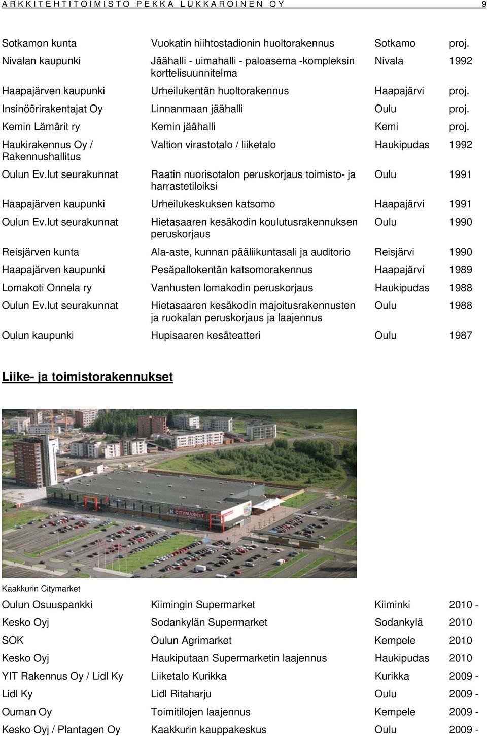 Insinöörirakentajat Oy Linnanmaan jäähalli Oulu proj. Kemin Lämärit ry Kemin jäähalli Kemi proj. Haukirakennus Oy / Valtion virastotalo / liiketalo Haukipudas 1992 Rakennushallitus Oulun Ev.