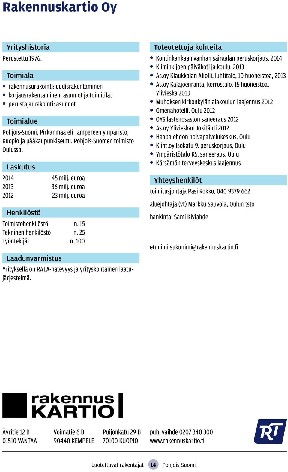 Pohjois-Suomen toimisto Oulussa. 2014 45 milj. euroa 2013 36 milj. euroa 2012 23 milj. euroa Toimistohenkilöstö n. 15 Tekninen henkilöstö n. 25 Työntekijät n.