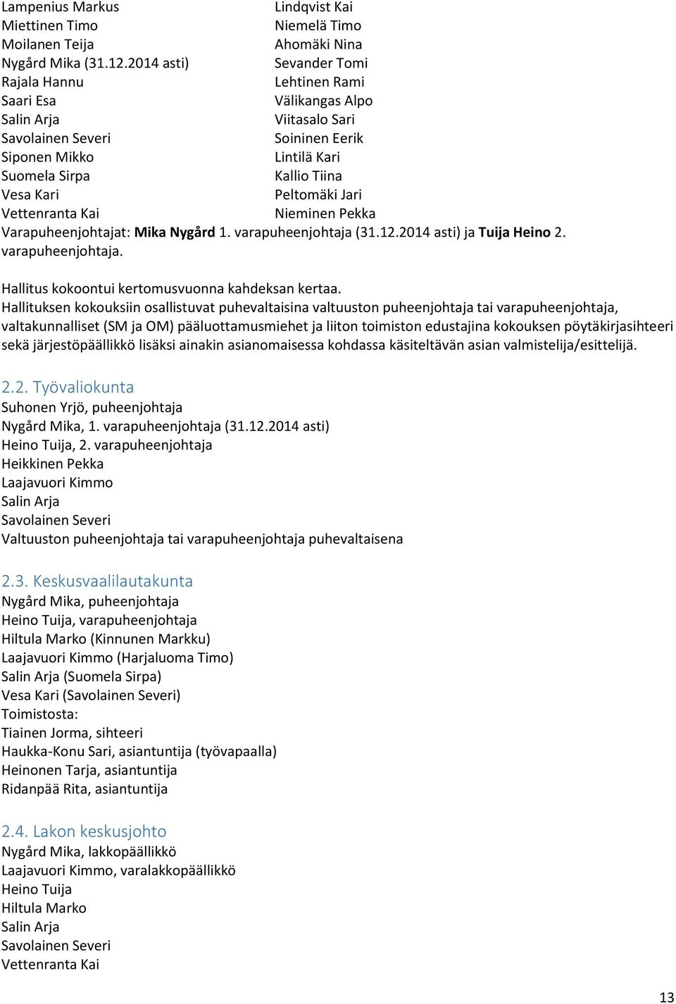 Kari Peltomäki Jari Vettenranta Kai Nieminen Pekka Varapuheenjohtajat: Mika Nygård 1. varapuheenjohtaja (31.12.2014 asti) ja Tuija Heino 2. varapuheenjohtaja. Hallitus kokoontui kertomusvuonna kahdeksan kertaa.