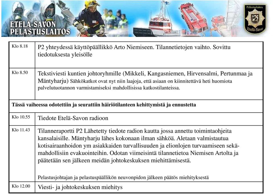 varmistamiseksi mahdollisissa katkostilanteissa. Tässä vaiheessa odotettiin ja seurattiin häiriötilanteen kehittymistä ja ennustetta Klo 10.55 Klo 11.