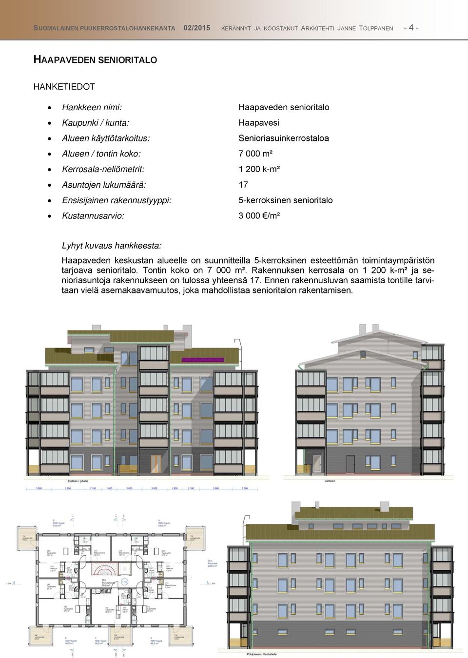 senioritalo Kustannusarvio: 3 000 /m² Lyhyt kuvaus hankkeesta: Haapaveden keskustan alueelle on suunnitteilla 5-kerroksinen esteettömän toimintaympäristön tarjoava senioritalo.