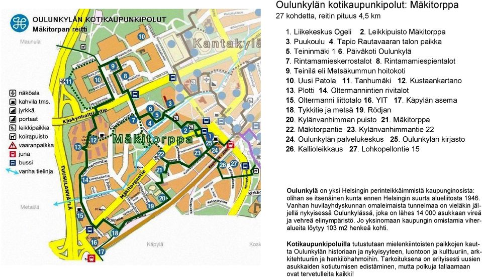 Oltermanni liittotalo 16. YIT 17. Käpylän asema 18. Tykkitie ja metsä 19. Rödjan 20. Kylänvanhimman puisto 21. Mäkitorppa 22. Mäkitorpantie 23. Kylänvanhimmantie 22 24. Oulunkylän palvelukeskus 25.