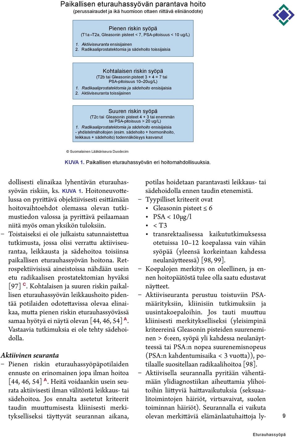 Radikaaliprostatektomia ja sädehoito ensisijaisia 2. Aktiiviseuranta toissijainen Suuren riskin syöpä (T2c tai Gleasonin pisteet 4 + 3 tai enemmän tai PSA-pitoisuus > 20 ug/l) 1.