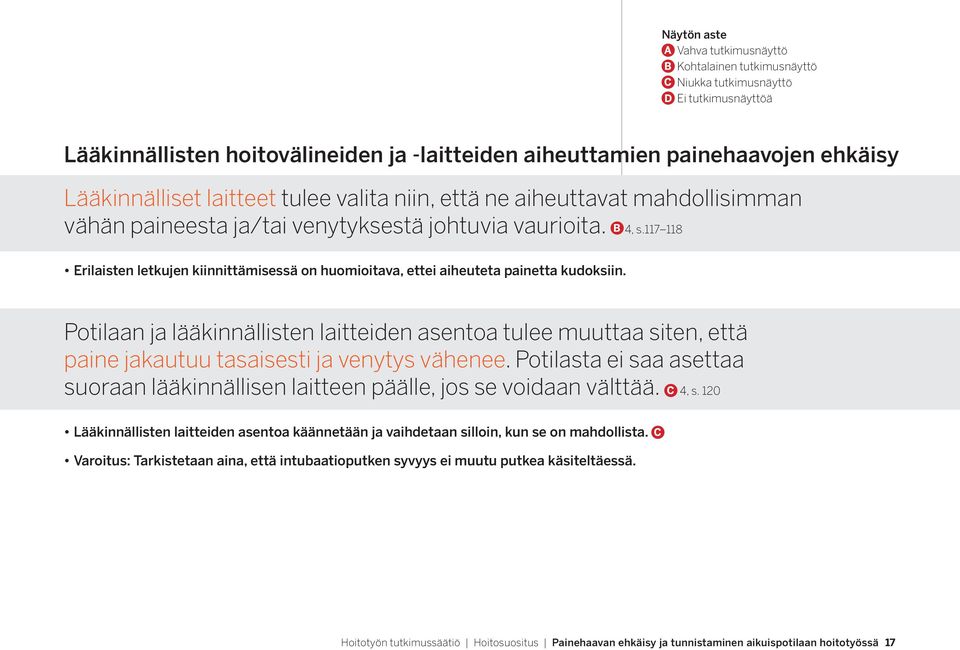 Potilaan ja lääkinnällisten laitteiden asentoa tulee muuttaa siten, että paine jakautuu tasaisesti ja venytys vähenee.