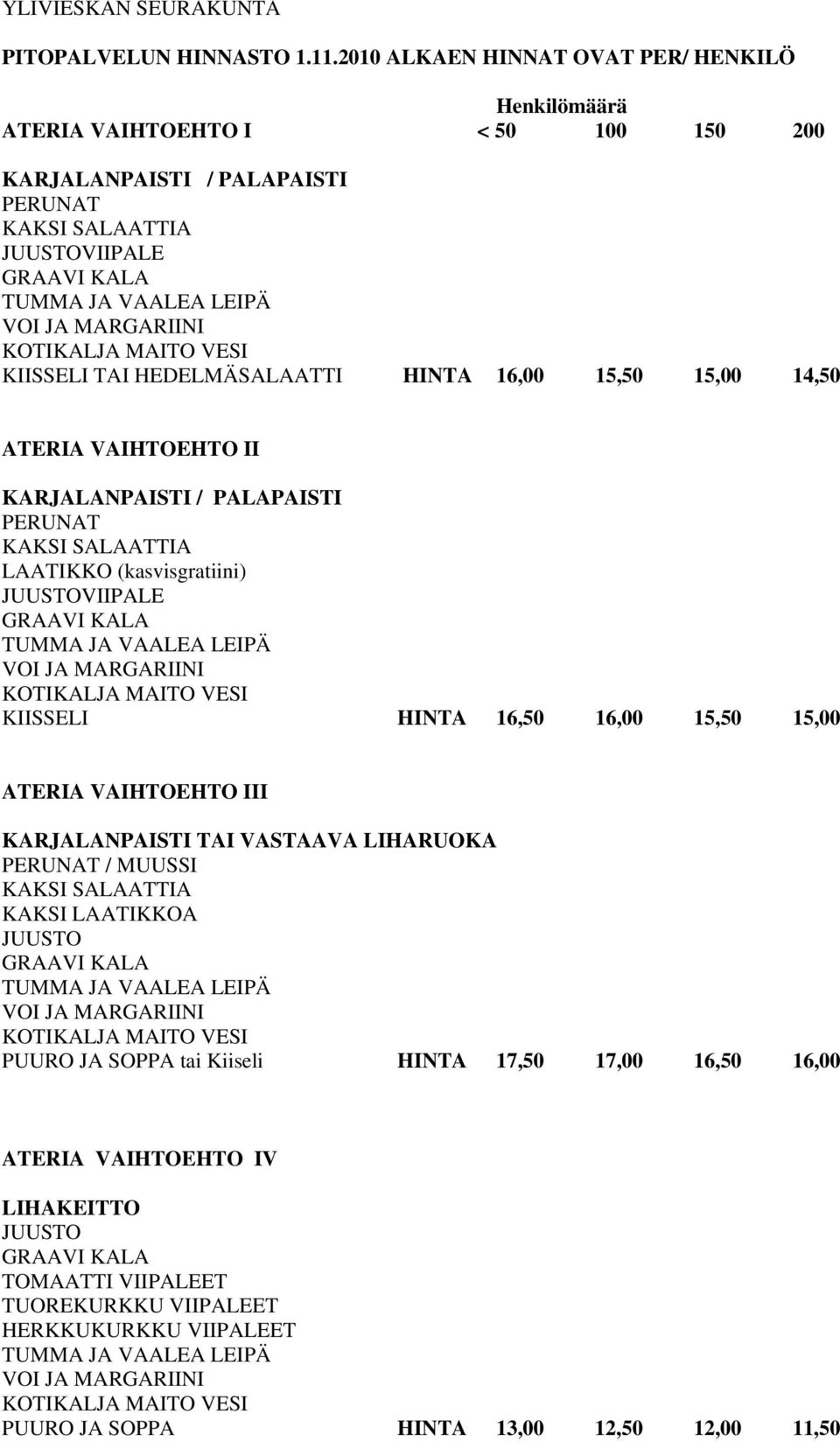 HINTA 16,00 15,50 15,00 14,50 ATERIA VAIHTOEHTO II KARJALANPAISTI / PALAPAISTI PERUNAT KAKSI SALAATTIA LAATIKKO (kasvisgratiini) JUUSTOVIIPALE KIISSELI HINTA 16,50 16,00 15,50 15,00