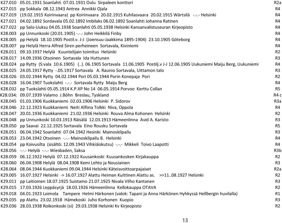 003 pp Unnunkoski (20.01.1905) -.-.- John Heikkilä Finby R4 K28.005 pp Helylä 18.10.1905 Postil.v. J-J (Joensuu-Jaakkima 1895-1904) 23.10.1905 Göteborg R4 K28.