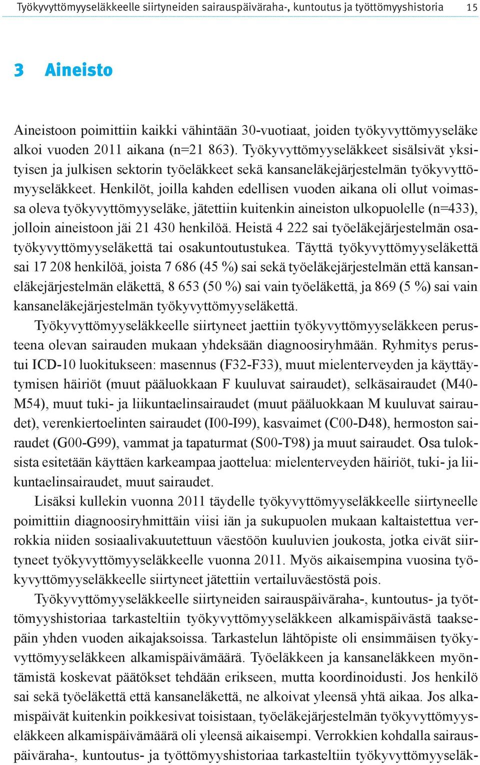 Henkilöt, joilla kahden edellisen vuoden aikana oli ollut voimassa oleva työkyvyttömyyseläke, jätettiin kuitenkin aineiston ulkopuolelle (n=433), jolloin aineistoon jäi 21 430 henkilöä.