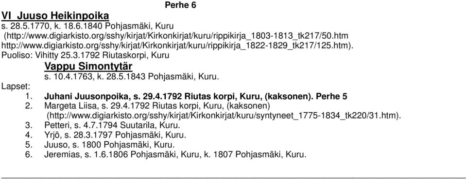 Margeta Liisa, s. 29.4.1792 Riutas korpi, Kuru, (kaksonen) (http://www.digiarkisto.org/sshy/kirjat/kirkonkirjat/kuru/syntyneet_1775-1834_tk220/31.htm). 3. Petteri, s. 4.7.1794 Suutarila, Kuru. 4. Yrjö, s.