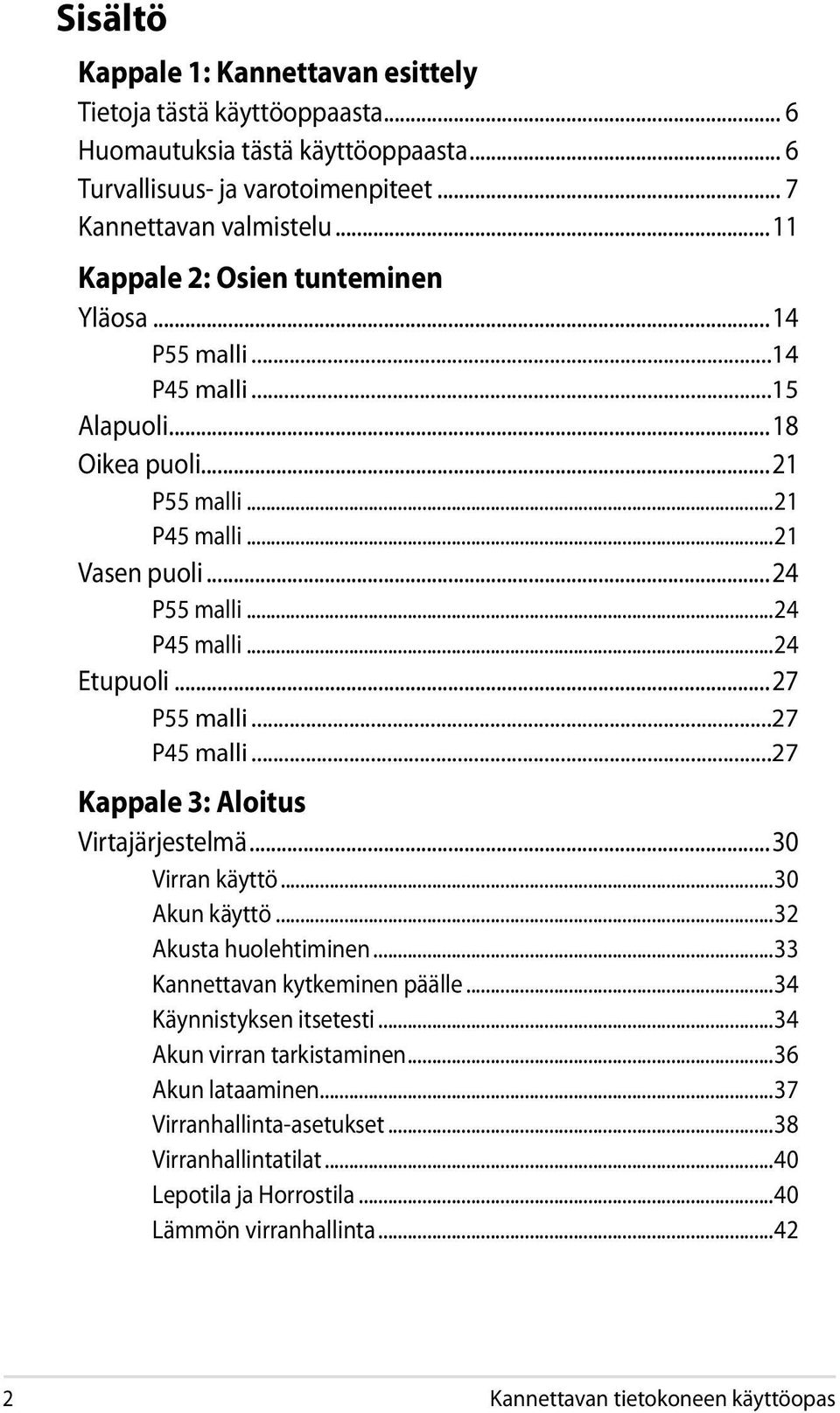 ..27 P55 malli...27 P45 malli...27 Kappale 3: Aloitus Virtajärjestelmä...30 Virran käyttö...30 Akun käyttö...32 Akusta huolehtiminen...33 Kannettavan kytkeminen päälle.