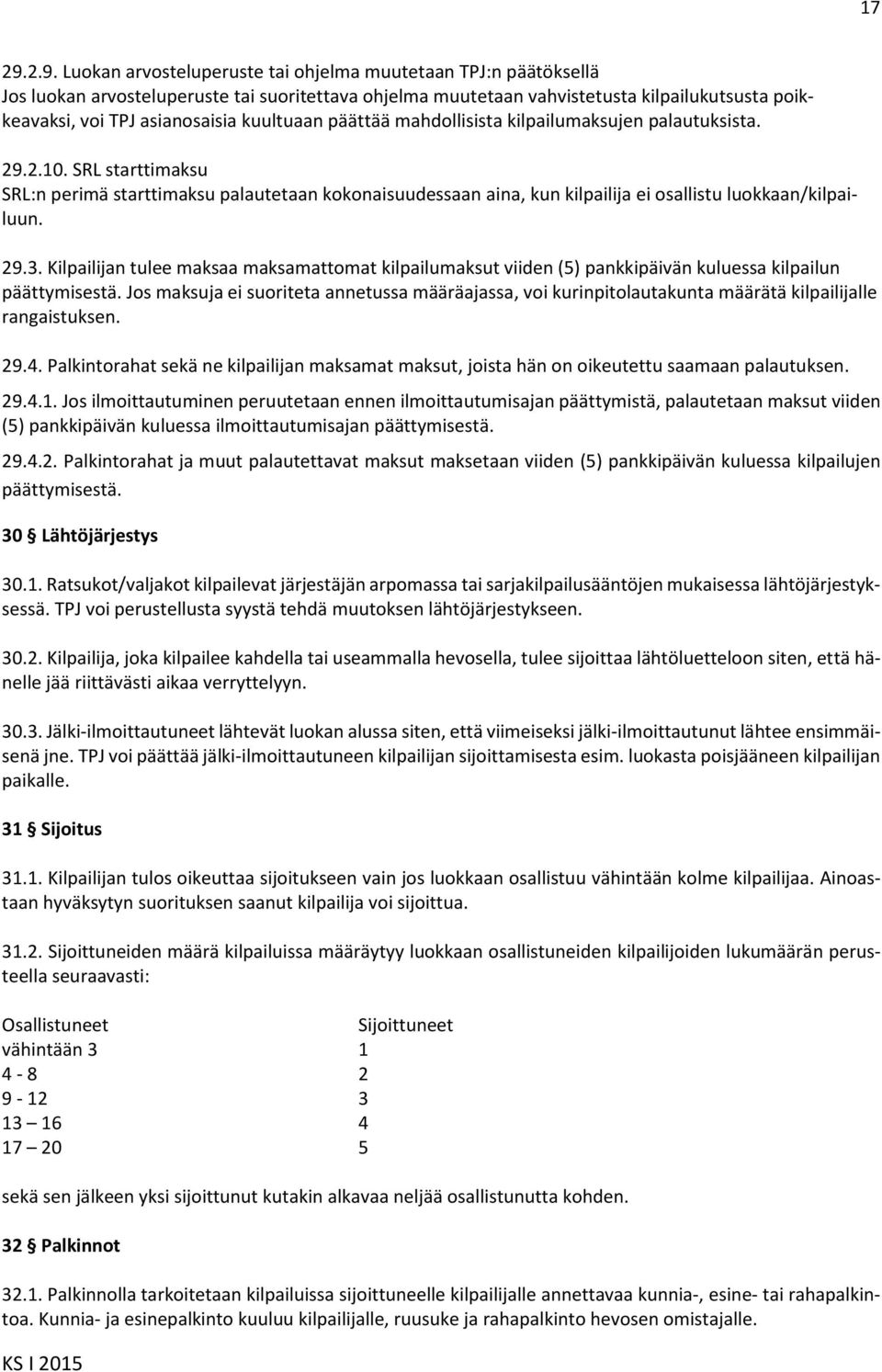 kuultuaan päättää mahdollisista kilpailumaksujen palautuksista. 29.2.10. SRL starttimaksu SRL:n perimä starttimaksu palautetaan kokonaisuudessaan aina, kun kilpailija ei osallistu luokkaan/kilpailuun.