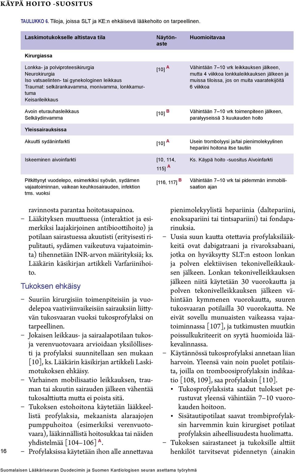 lonkkamurtuma Keisarileikkaus Avoin eturauhasleikkaus Selkäydinvamma A [10] Vähintään 7 10 vrk leikkauksen jälkeen, mutta 4 viikkoa lonkkaleikkauksen jälkeen ja muissa tiloissa, jos on muita