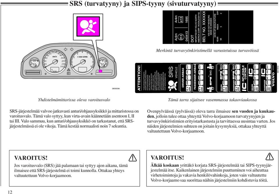 SRS VEHICLE TM TM TM 9430422 8801995d Yhdistelmämittarissa oleva varoitusvalo SRS-järjestelmää valvoo jatkuvasti anturi/ohjausyksikkö ja mittaristossa on varoitusvalo.