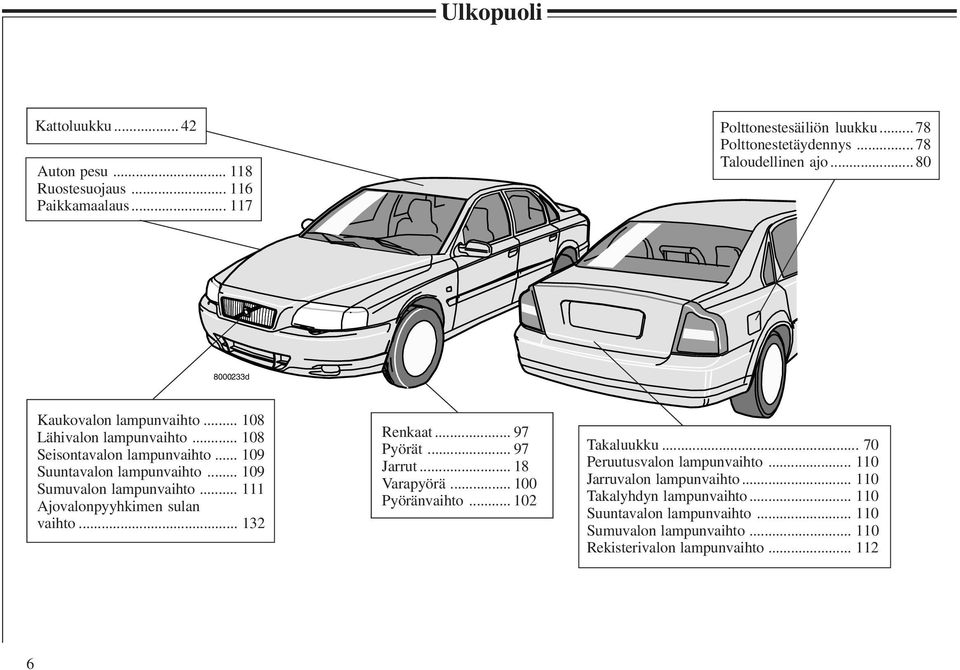 .. 111 Ajovalonpyyhkimen sulan vaihto... 132 Renkaat... 97 Pyörät... 97 Jarrut... 18 Varapyörä... 100 Pyöränvaihto... 102 Takaluukku... 70 Peruutusvalon lampunvaihto.