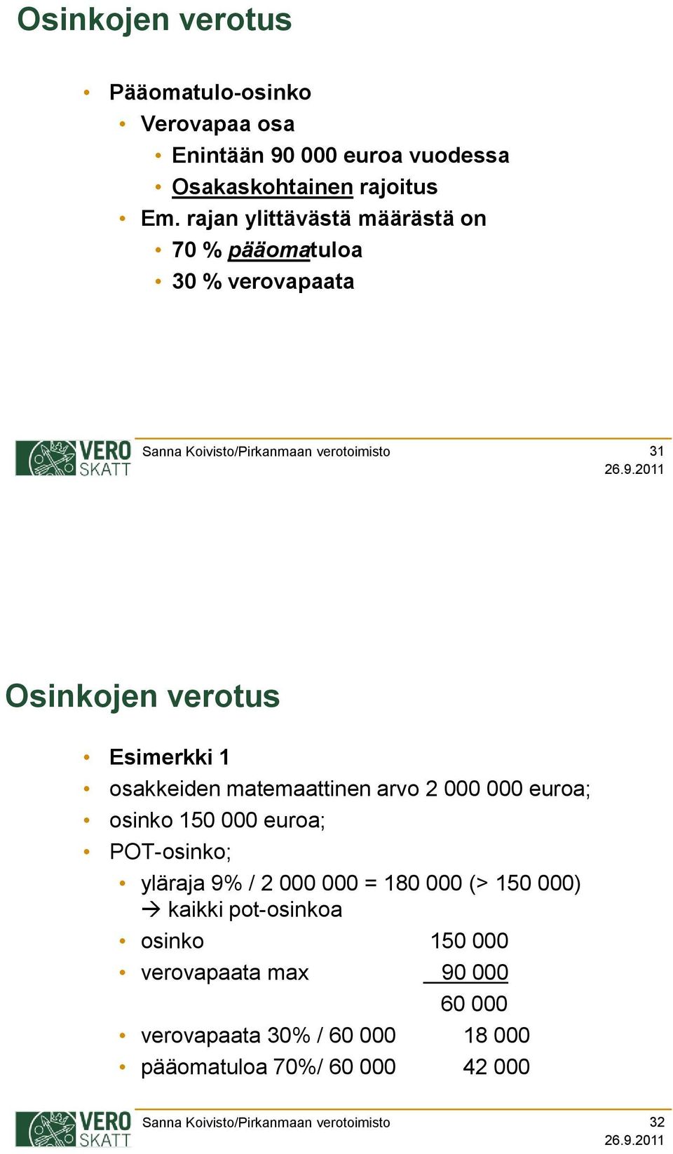 matemaattinen arvo 2 000 000 euroa; osinko 150 000 euroa; POT-osinko; yläraja 9% / 2 000 000 = 180 000 (> 150 000)