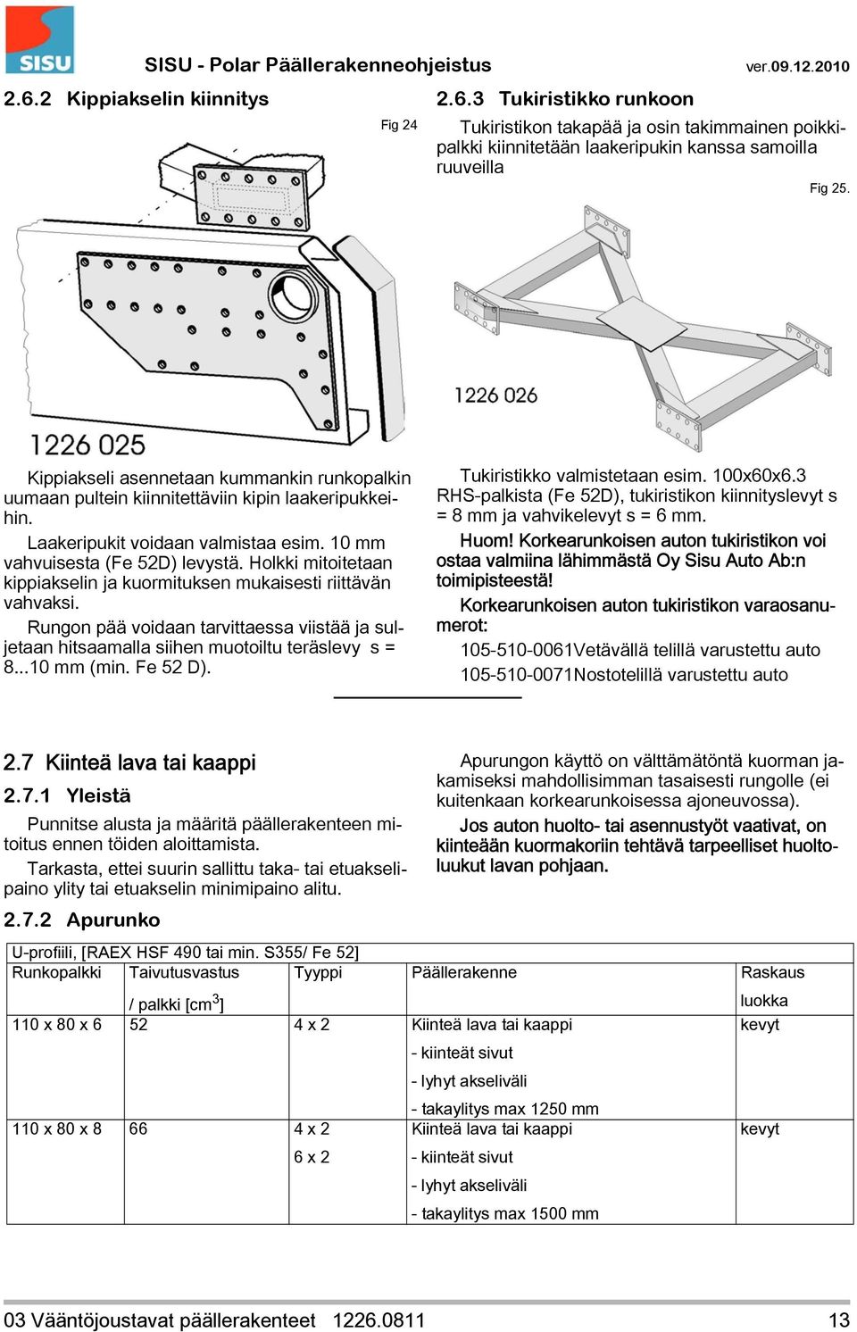 Holkki mitoitetaan kippiakselin ja kuormituksen mukaisesti riittävän vahvaksi. Rungon pää voidaan tarvittaessa viistää ja suljetaan hitsaamalla siihen muotoiltu teräslevy s = 8...10 mm (min. Fe 52 D).