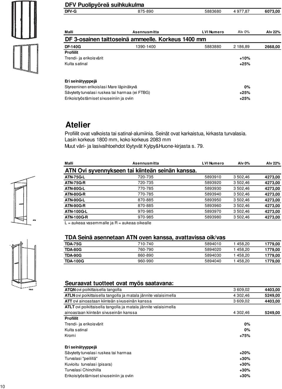 harmaa (ei FTBG) +25% Erikoistyöstämiset sivuseiniin ja oviin +25% Atelier ovat valkoista tai satinal-alumiinia. Seinät ovat karkaistua, kirkasta turvalasia.