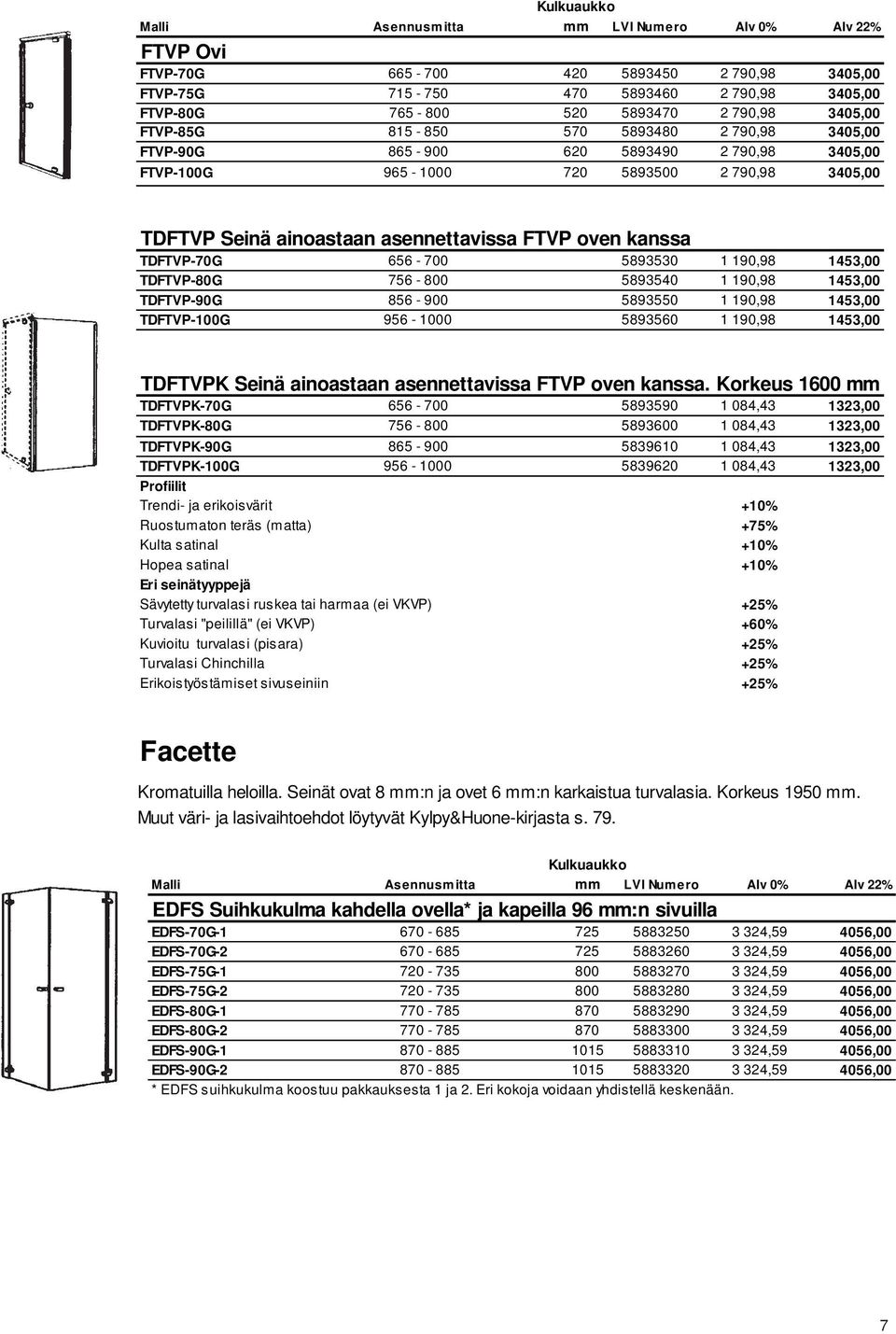 TDFTVP-80G 756-800 5893540 1 190,98 1453,00 TDFTVP-90G 856-900 5893550 1 190,98 1453,00 TDFTVP-100G 956-1000 5893560 1 190,98 1453,00 TDFTVPK Seinä ainoastaan asennettavissa FTVP oven kanssa.