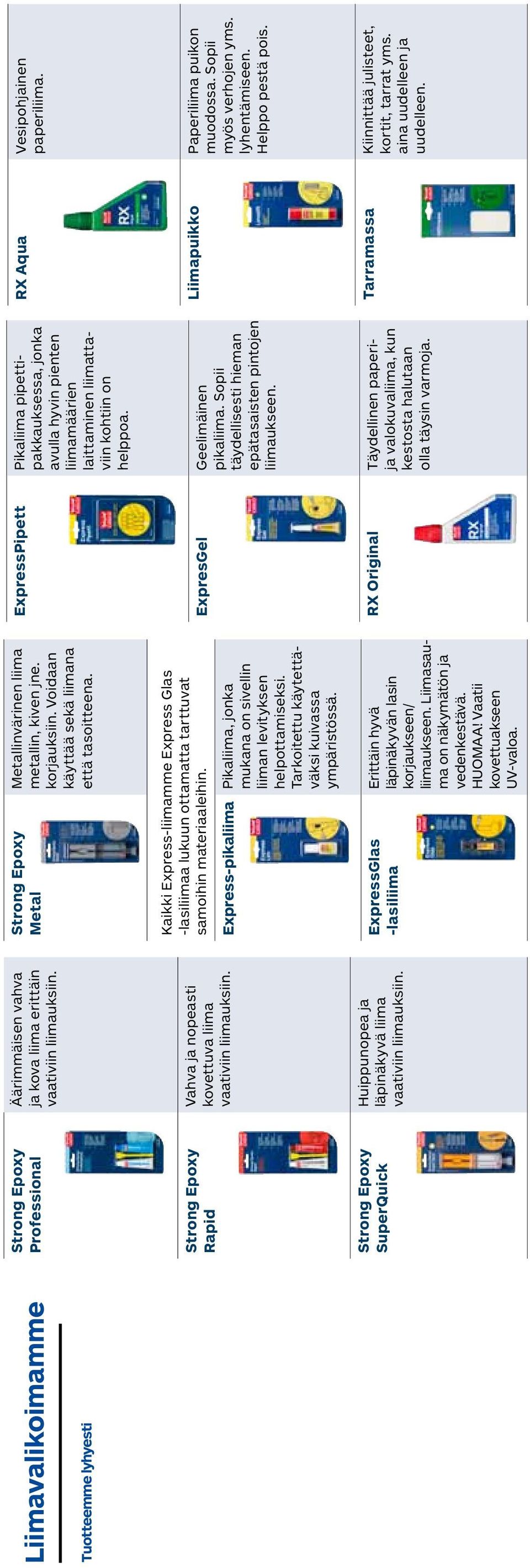 Kaikki Express-liimamme Express Glas -lasiliimaa lukuun ottamatta tarttuvat samoihin materiaaleihin. Express-pikaliima Pikaliima, jonka mukana on sivellin liiman levityksen helpottamiseksi.