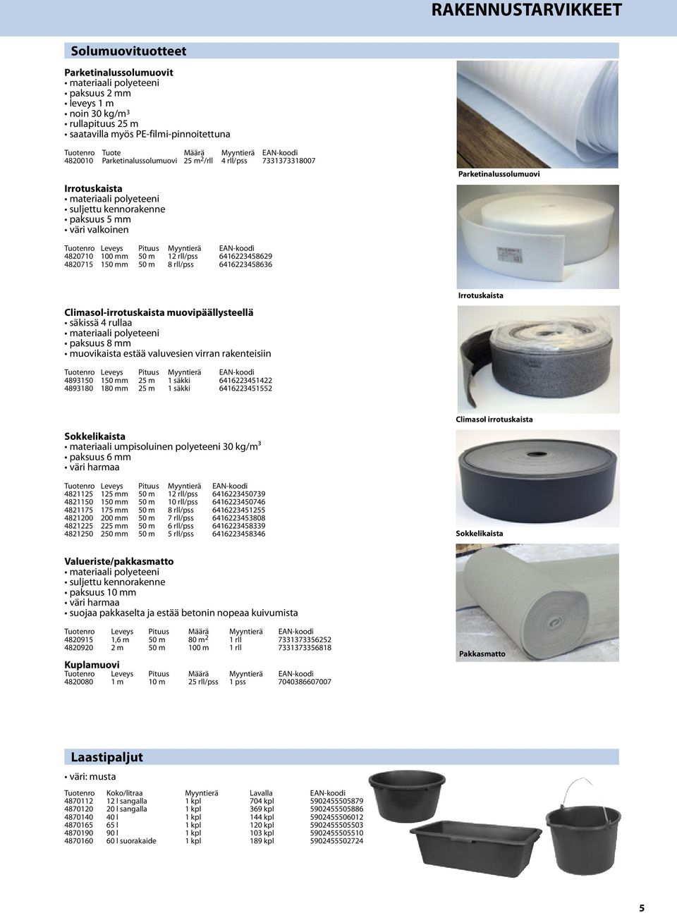 Tuotenro Leveys Pituus Myyntierä EAN-koodi 4820710 100 mm 50 m 12 rll/pss 6416223458629 4820715 150 mm 50 m 8 rll/pss 6416223458636 Climasol-irrotuskaista muovipäällysteellä säkissä 4 rullaa