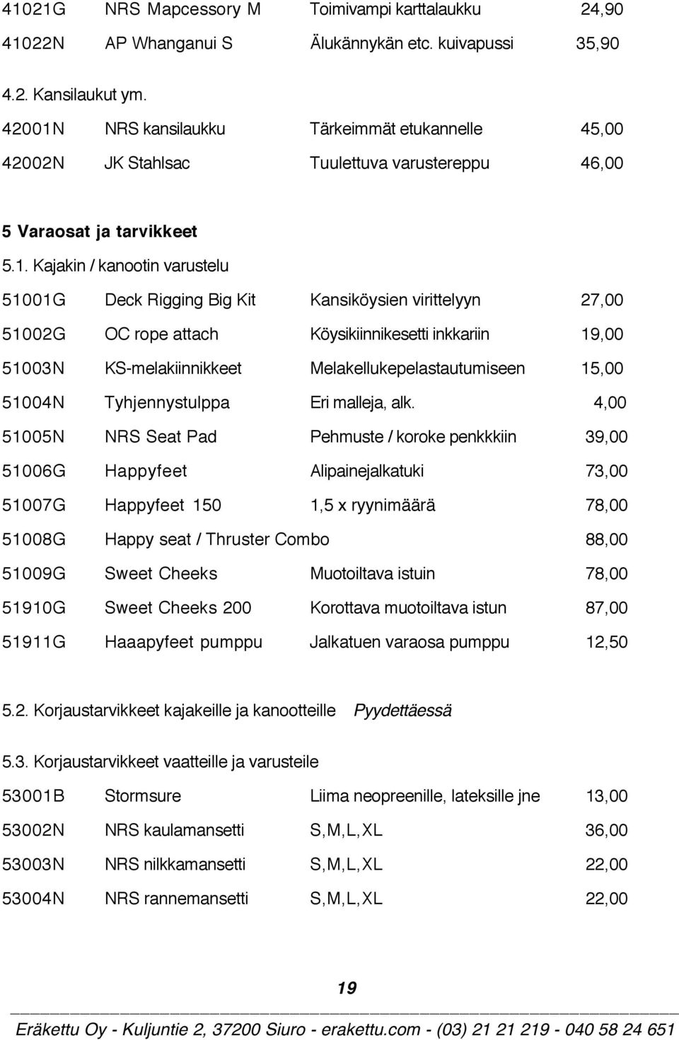 NRS kansilaukku Tärkeimmät etukannelle 45,00 42002N JK Stahlsac Tuulettuva varustereppu 46,00 5 Varaosat ja tarvikkeet 5.1.