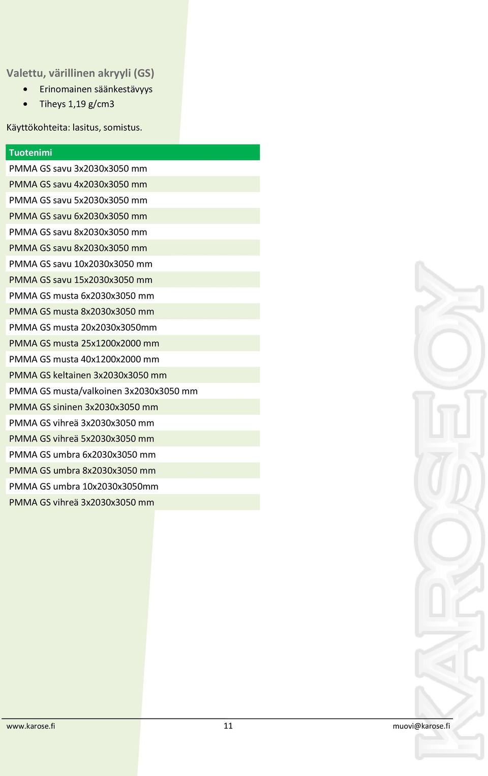 PMMA GS savu 15x2030x3050 mm PMMA GS musta 6x2030x3050 mm PMMA GS musta 8x2030x3050 mm PMMA GS musta 20x2030x3050mm PMMA GS musta 25x1200x2000 mm PMMA GS musta 40x1200x2000 mm PMMA GS keltainen