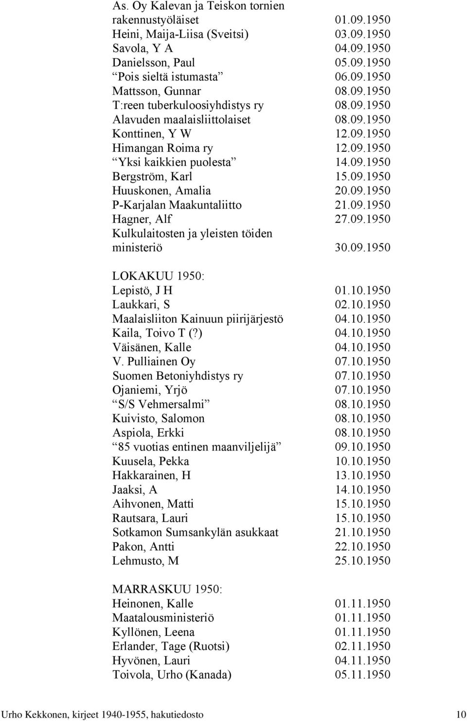 09.1950 Huuskonen, Amalia 20.09.1950 P-Karjalan Maakuntaliitto 21.09.1950 Hagner, Alf 27.09.1950 Kulkulaitosten ja yleisten töiden ministeriö 30.09.1950 LOKAKUU 1950: Lepistö, J H 01.10.