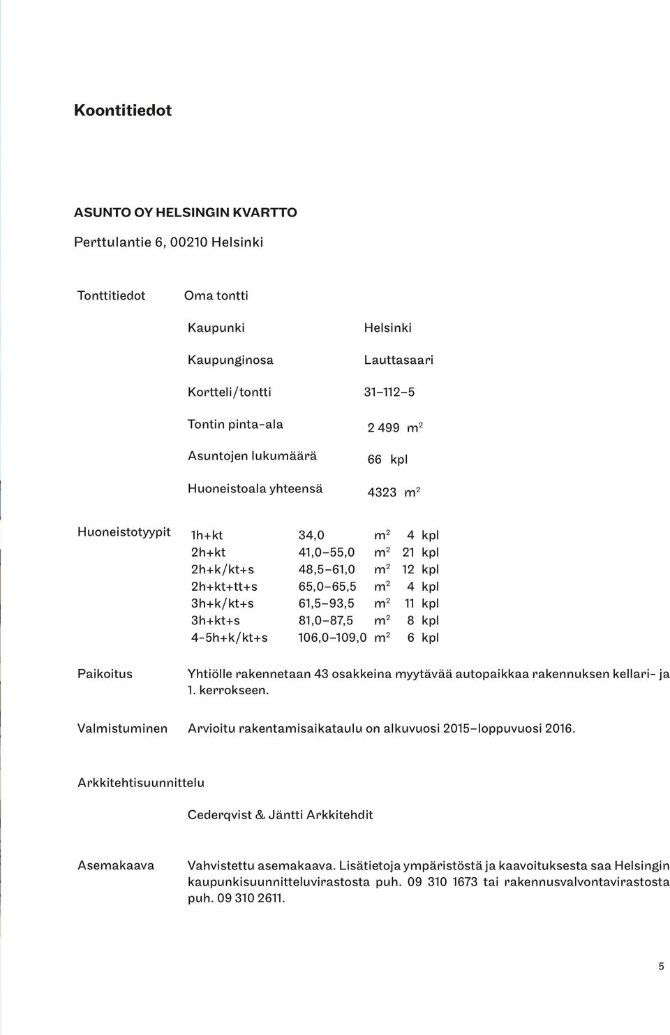 4 kpl 3h+k/kt+s 61,5 93,5 m 2 11 kpl 3h+kt+s 81,0 87,5 m 2 8 kpl 4-5h+k/kt+s 106,0 109,0 m 2 6 kpl Yhtiölle rakennetaan 43 osakkeina myytävää autopaikkaa rakennuksen kellari- ja 1. kerrokseen.