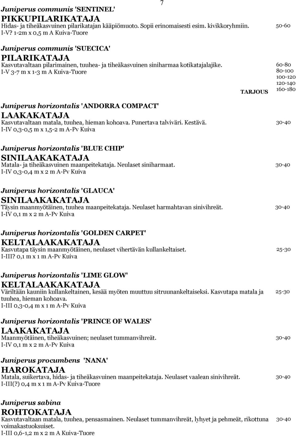 I-V 3-7 m x 1-3 m A Kuiva-Tuore Juniperus horizontalis 'ANDORRA COMPACT' LAAKAKATAJA Kasvutavaltaan matala, tuuhea, hieman kohoava. Punertava talviväri. Kestävä.