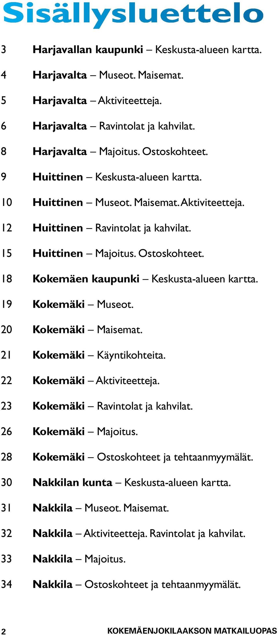 18 Kokemäen kaupunki Keskusta-alueen kartta. 19 Kokemäki Museot. 20 Kokemäki Maisemat. 21 Kokemäki Käyntikohteita. 22 Kokemäki Aktiviteetteja. 23 Kokemäki Ravintolat ja kahvilat. 26 Kokemäki Majoitus.