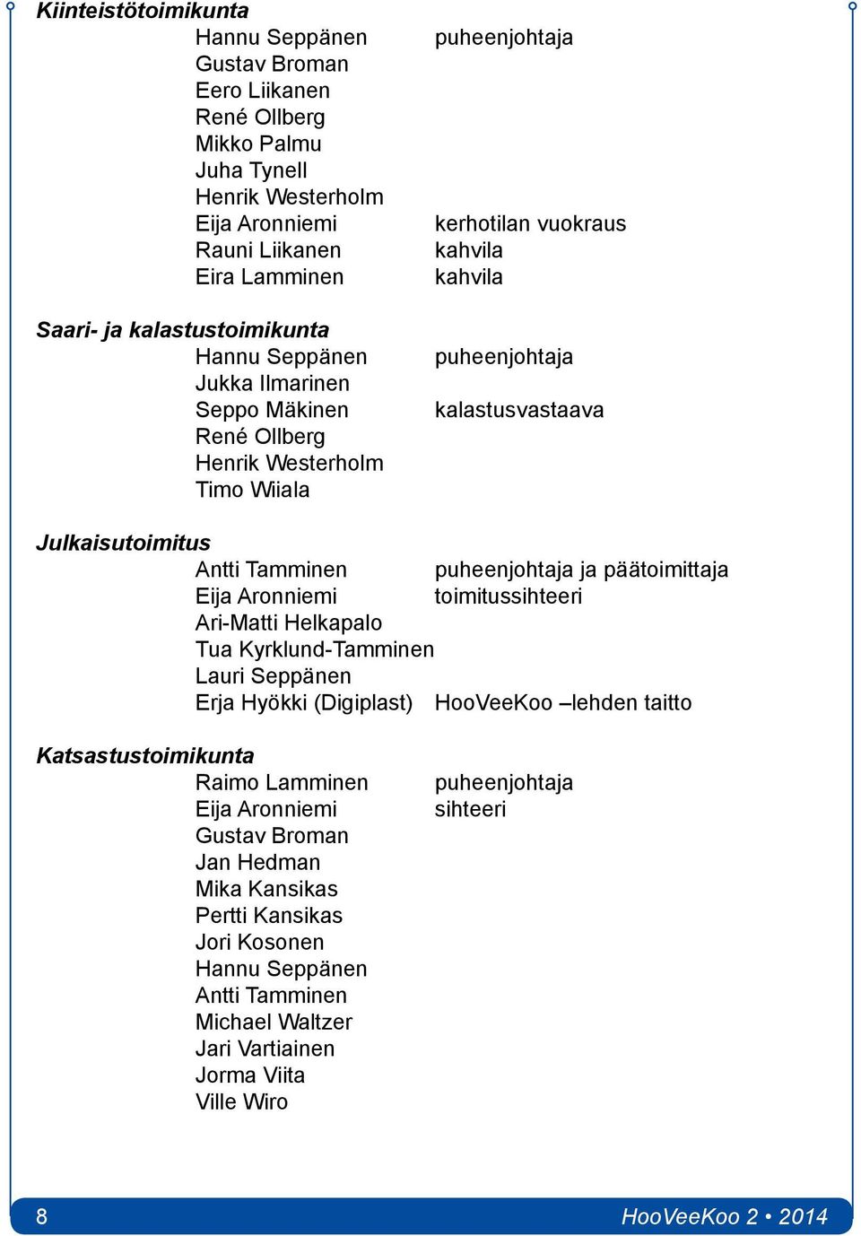 puheenjohtaja ja päätoimittaja Eija Aronniemi toimitussihteeri Ari-Matti Helkapalo Tua Kyrklund-Tamminen Lauri Seppänen Erja Hyökki (Digiplast) HooVeeKoo lehden taitto Katsastustoimikunta Raimo