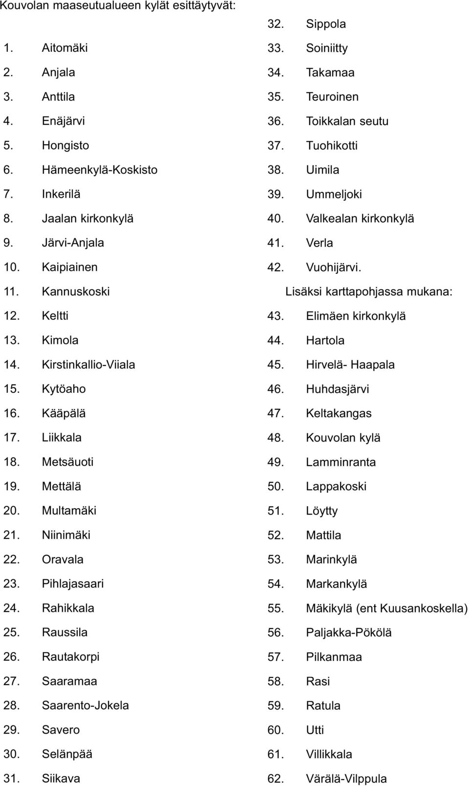 Raussila 26. Rautakorpi 27. Saaramaa 28. Saarento-Jokela 29. Savero 30. Selänpää 31. Siikava 32. Sippola 33. Soiniitty 34. Takamaa 35. Teuroinen 36. Toikkalan seutu 37. Tuohikotti 38. Uimila 39.