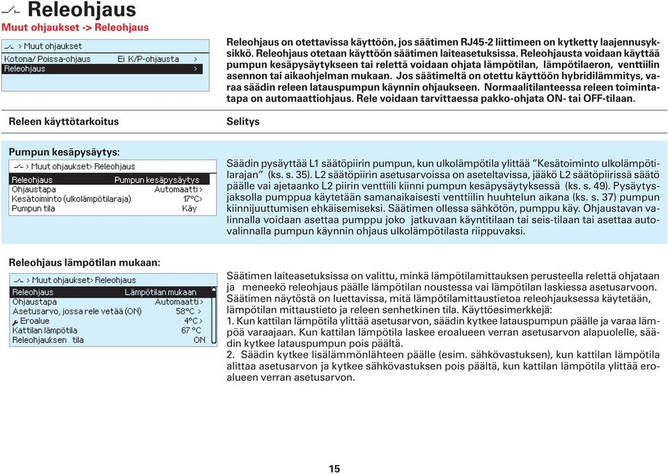 Releohjausta voidaan käyttää pumpun kesäpysäytykseen tai relettä voidaan ohjata lämpötilan, lämpötilaeron, venttiilin asennon tai aikaohjelman mukaan.