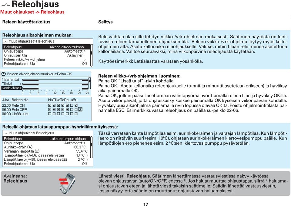 Releen viikko-/vrk-ohjelma löytyy myös kelloohjelmien alta. Aseta kellonaika releohjaukselle. Valitse, mihin tilaan rele menee asetettuna kellonaikana.