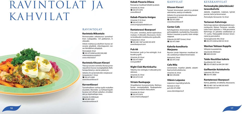saunalahti.fi www.mikontalo.fi Ravintola Kitusen Kievari Tilava ja savuton ravintola. Runsas ja monipuolinen lounas noutopöydästä. Rollshampurilaiset ja -ateriat, pizzat ym.