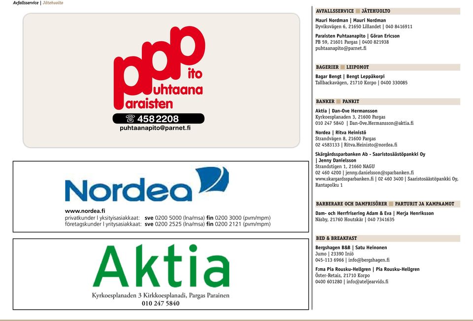 fi Aktia Dan-Ove Hermansson Kyrkoesplanaden 3, 21600 Pargas 010 247 5840 Dan-Ove.Hermansson@aktia.fi Nordea Ritva Heinistö Strandvägen 8, 21600 Pargas 02 4583133 Ritva.Heinisto@nordea.