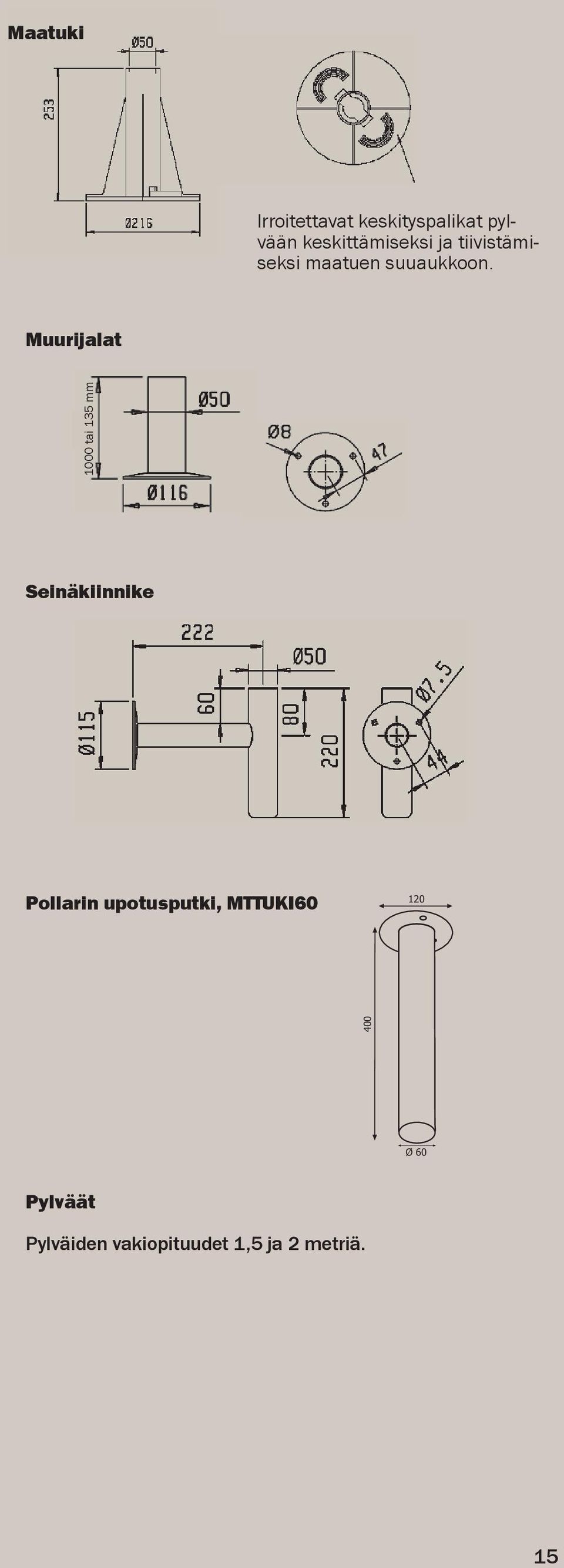 Muurijalat Seinäkiinnike 400 1000 tai 135 mm Pollarin