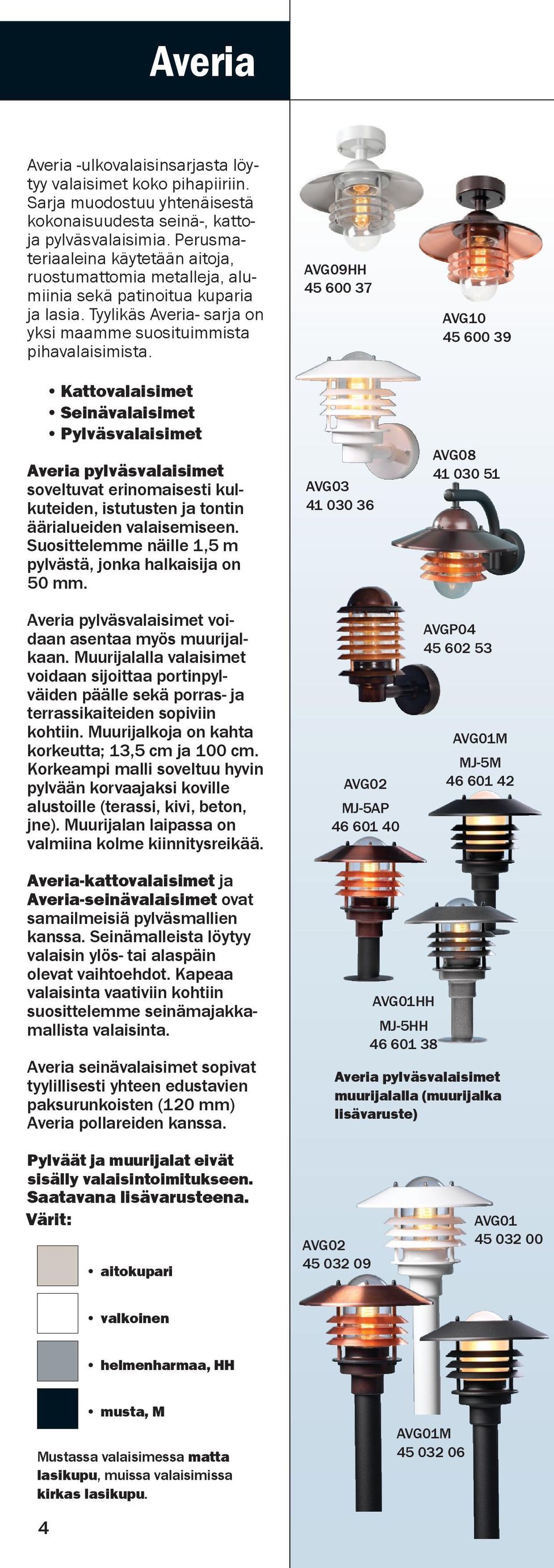 Kattovalaisimet Seinävalaisimet Pylväsvalaisimet Averia pylväsvalaisimet soveltuvat erinomaisesti kulkuteiden, istutusten ja tontin äärialueiden valaisemiseen.