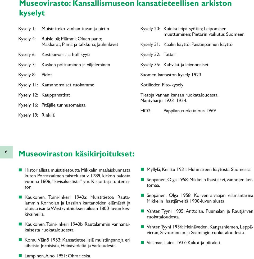 Paistinpannun käyttö Kysely 32: Tattari Kysely 35: Kahvilat ja leivonnaiset Suomen kartaston kysely 1923 Kysely 11: Kansanomaiset ruokamme Kysely 12: Kauppamatkat Kysely 16: Pitäjille tunnusomaista