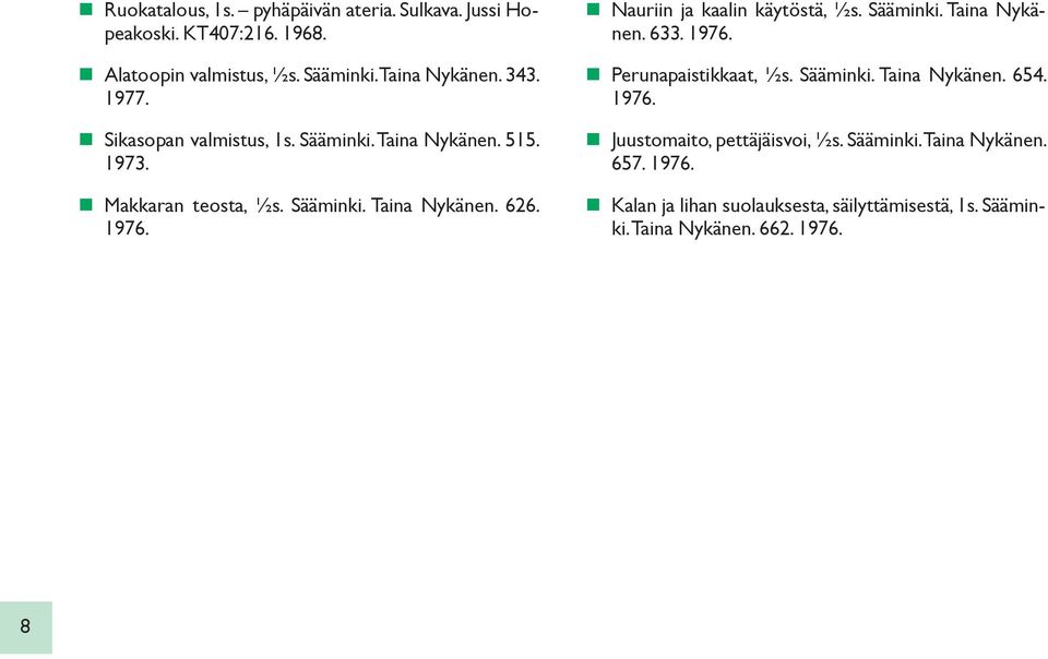 Nauriin ja kaalin käytöstä, ½s. Sääminki. Taina Nykänen. 633. 1976. Perunapaistikkaat, ½s. Sääminki. Taina Nykänen. 654. 1976. Juustomaito, pettäjäisvoi, ½s.