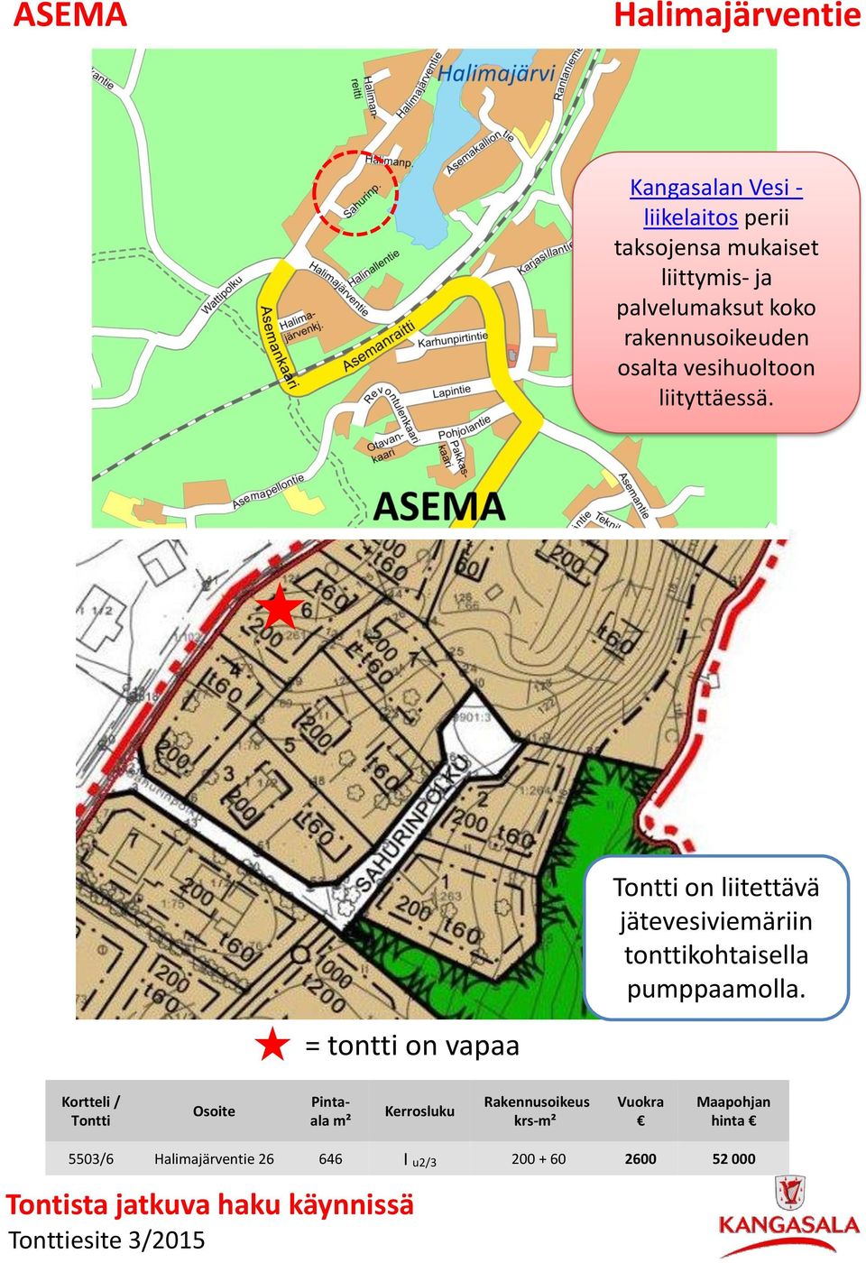 Tontti on liitettävä jätevesiviemäriin tonttikohtaisella pumppaamolla.