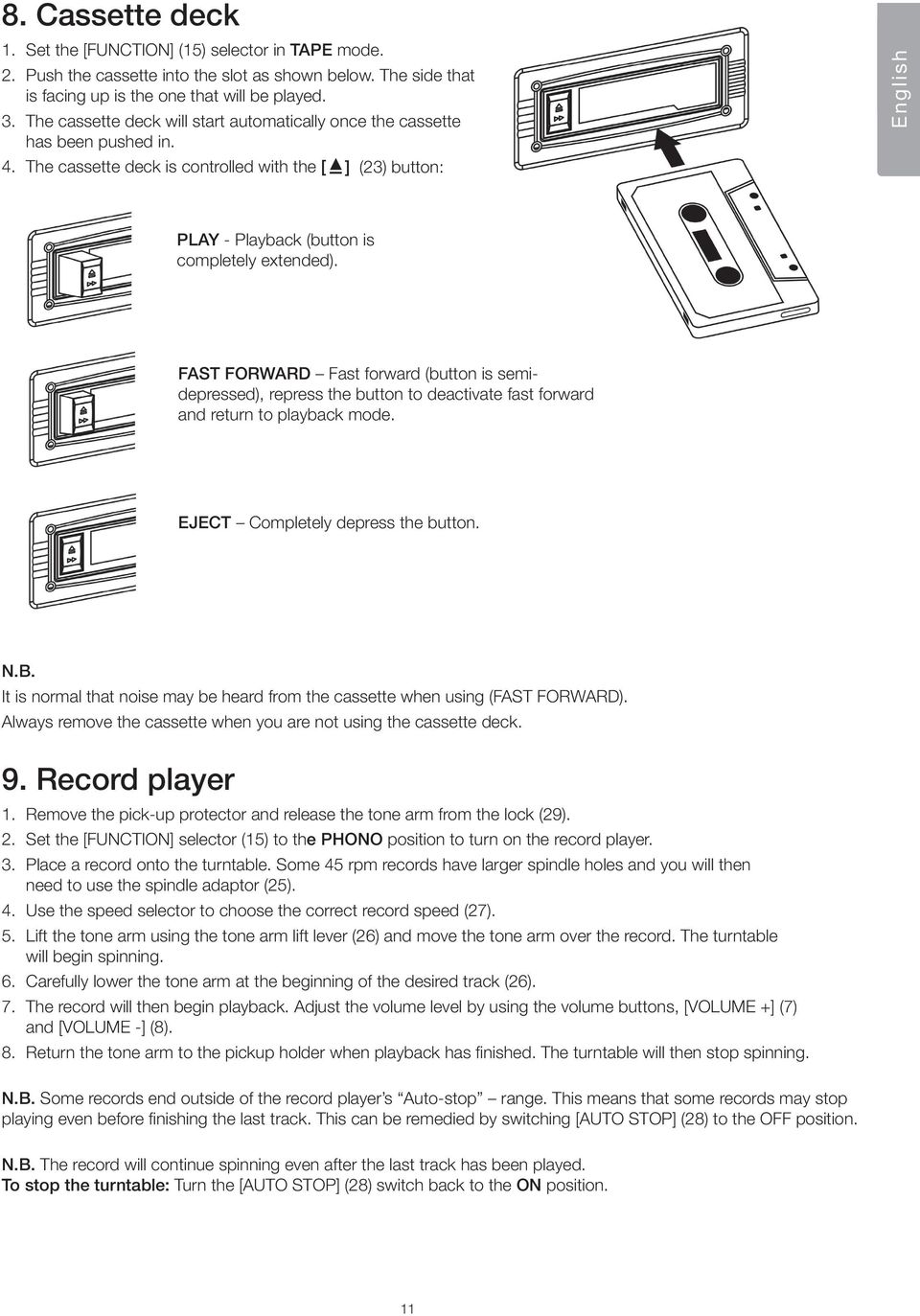 FAST FORWARD Fast forward (button is semidepressed), repress the button to deactivate fast forward and return to playback mode. EJECT Completely depress the button. N.B.