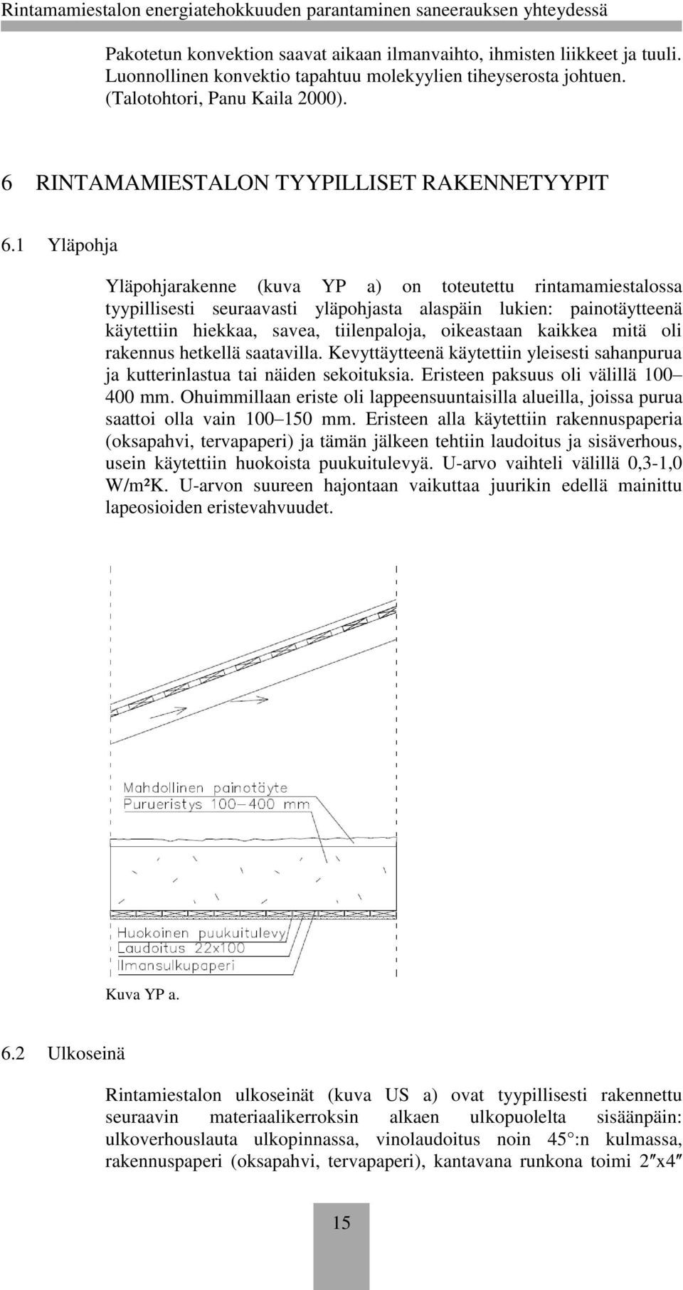 1 Yläpohja Yläpohjarakenne (kuva YP a) on toteutettu rintamamiestalossa tyypillisesti seuraavasti yläpohjasta alaspäin lukien: painotäytteenä käytettiin hiekkaa, savea, tiilenpaloja, oikeastaan