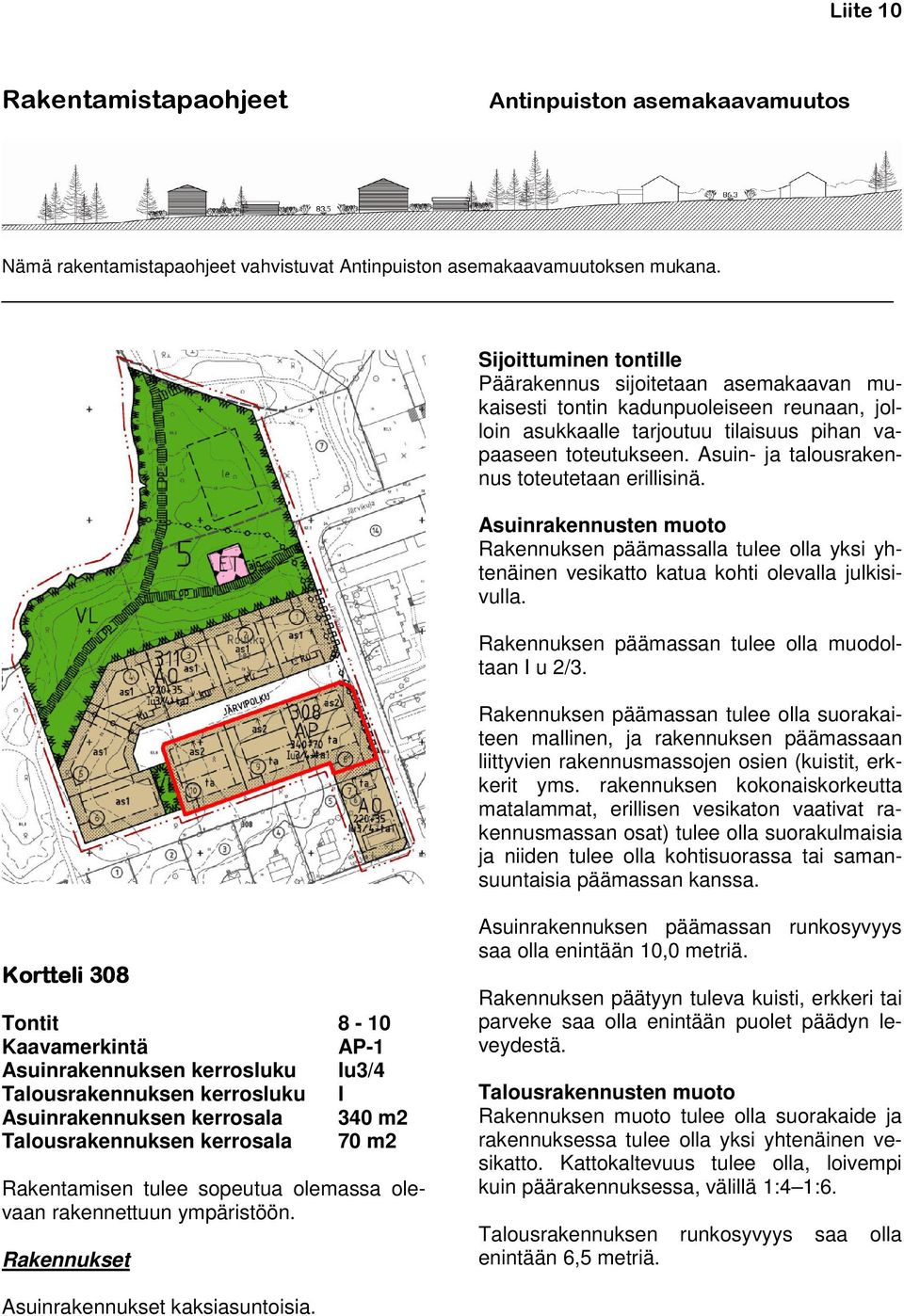 Asuin- ja talousrakennus toteutetaan erillisinä. Asuinrakennusten muoto Rakennuksen päämassalla tulee olla yksi yhtenäinen vesikatto katua kohti olevalla julkisivulla.