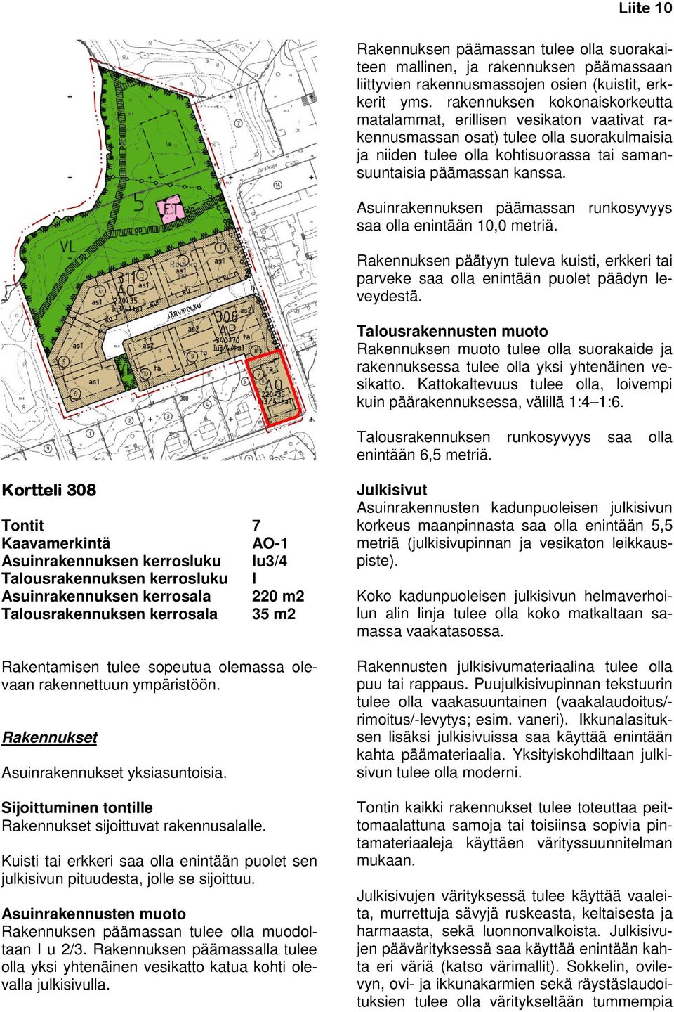 Asuinrakennuksen päämassan runkosyvyys saa olla enintään 10,0 metriä. Rakennuksen päätyyn tuleva kuisti, erkkeri tai parveke saa olla enintään puolet päädyn leveydestä.