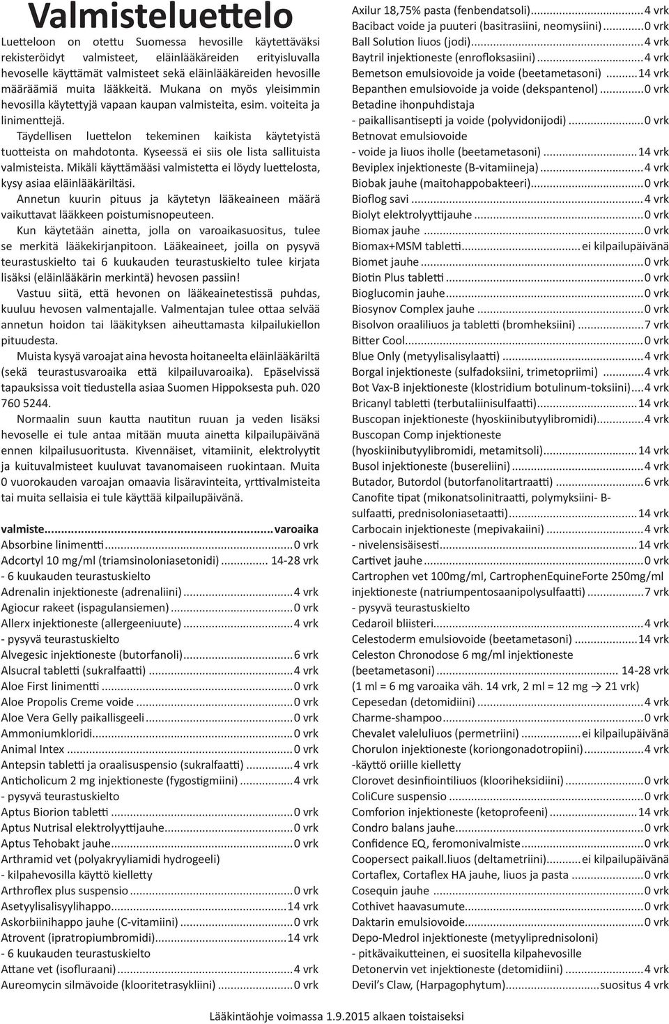 Täydellisen luettelon tekeminen kaikista käytetyistä tuotteista on mahdotonta. Kyseessä ei siis ole lista sallituista valmisteista.