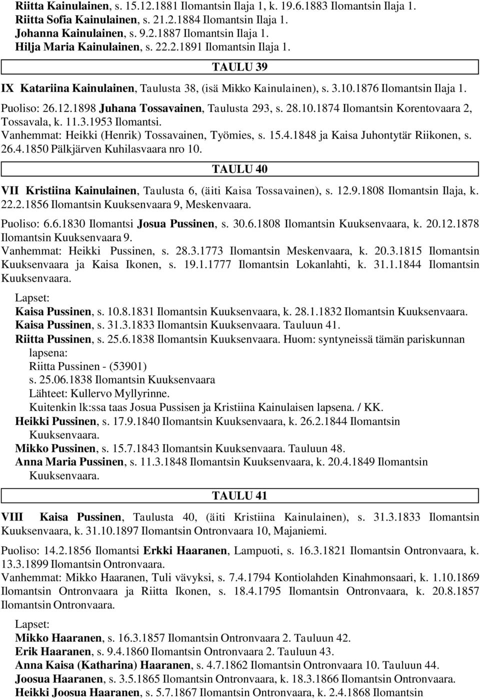 1898 Juhana Tossavainen, Taulusta 293, s. 28.10.1874 Ilomantsin Korentovaara 2, Tossavala, k. 11.3.1953 Ilomantsi. Vanhemmat: Heikki (Henrik) Tossavainen, Työmies, s. 15.4.1848 ja Kaisa Juhontytär Riikonen, s.