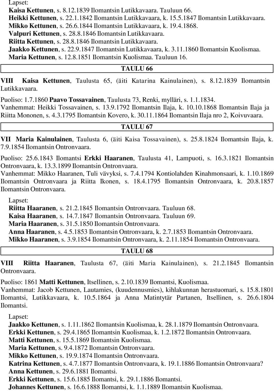 1860 Ilomantsin Kuolismaa. Maria Kettunen, s. 12.8.1851 Ilomantsin Kuolismaa. Tauluun 16. TAULU 66 VIII Kaisa Kettunen, Taulusta 65, (äiti Katarina Kainulainen), s. 8.12.1839 Ilomantsin Lutikkavaara.